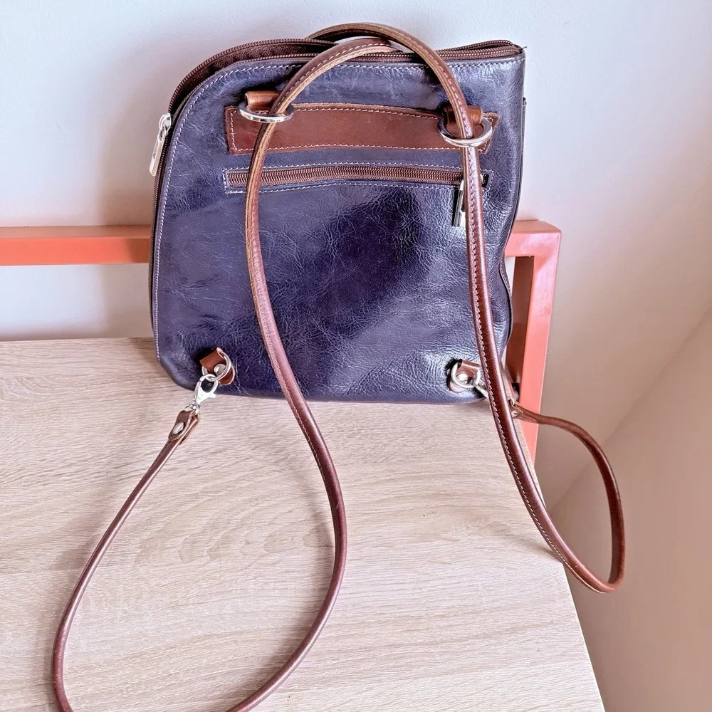 H Joe Stitched Leather Convertible Backpack Women's Navy‎ Brown Made in ITALY